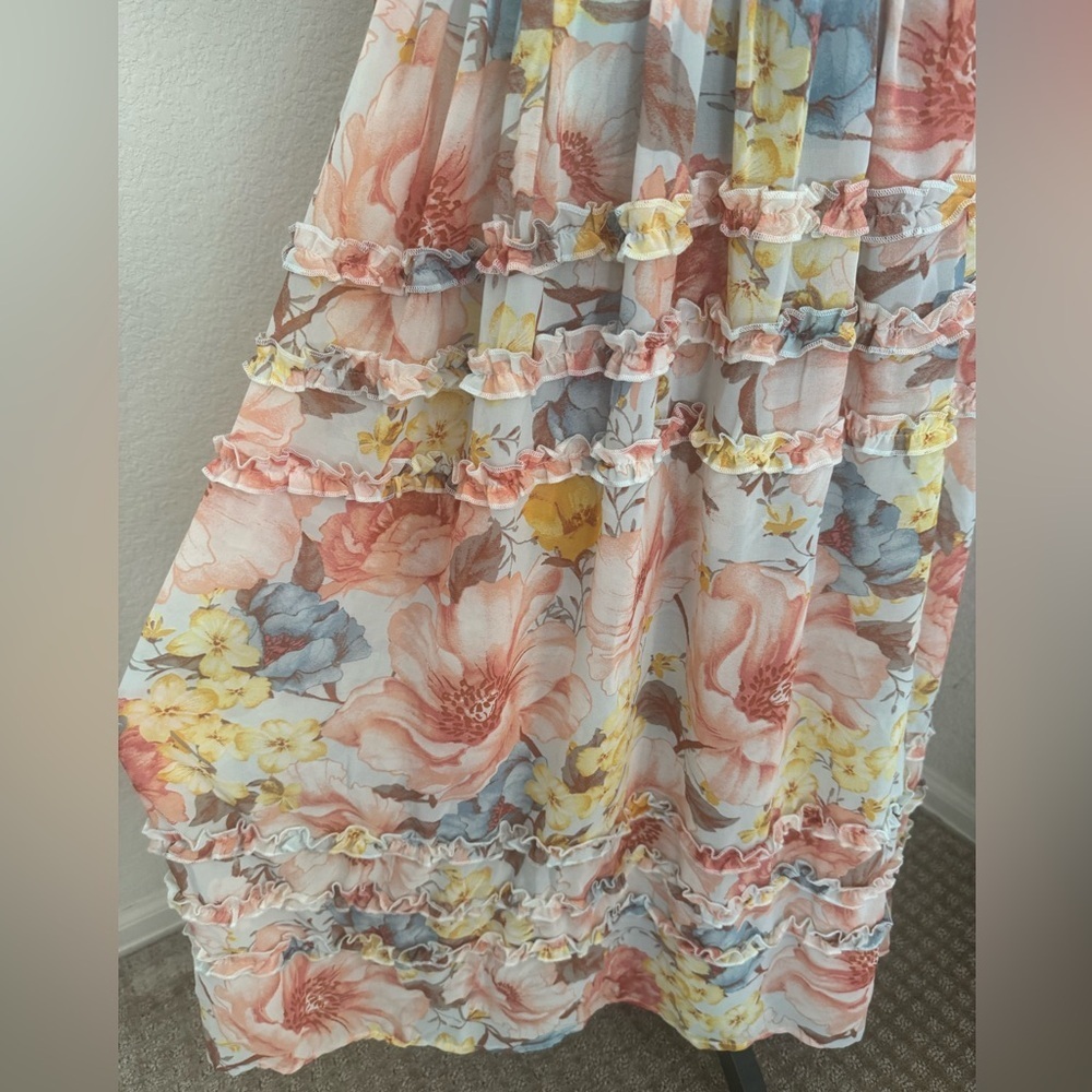 Forever 21 Floral Maxi Dress Small Tiered Ruffle Boho Pastel Sleeveless size S - Picture 8 of 10